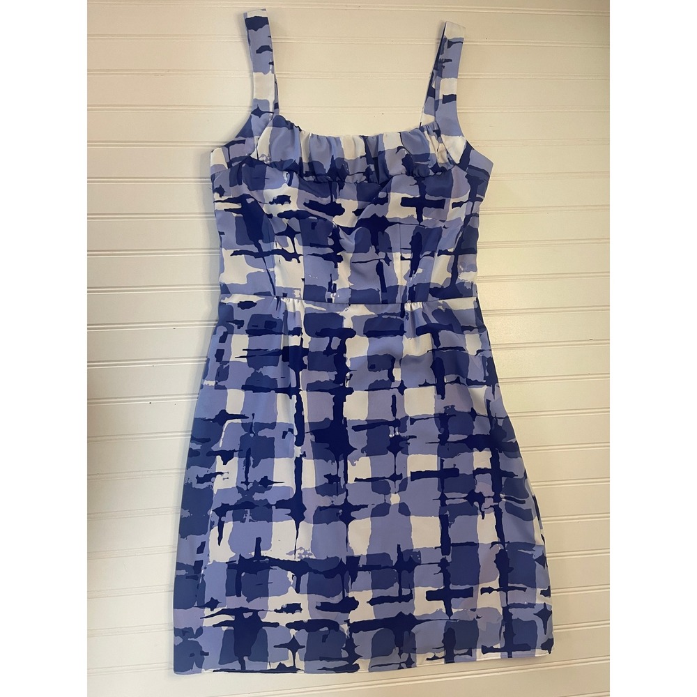Banana Republic Blue White Abstract Grid Ruffle Neck Shift Dress Career Womens 8